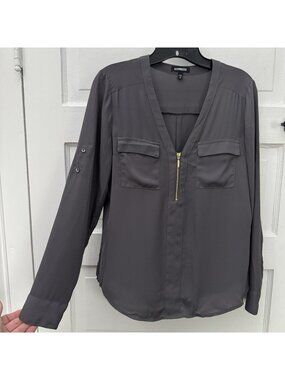Express Women’s Small Gray Portofino Zip Blouse Roll Tab Sleeve Utility
